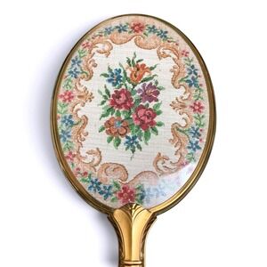VTG Austrian Style Petit Point Floral Vanity Hand Mirror Gold Tone 14"